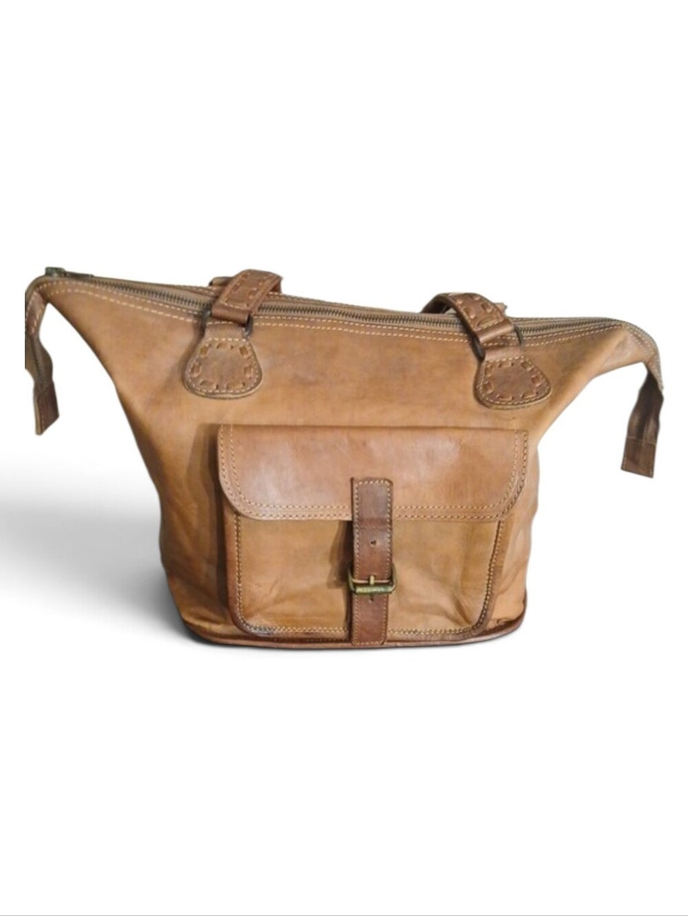 Vintage Full Grain Distressed Tan Leather 2 Handle Unisex Satchel Travel Bag